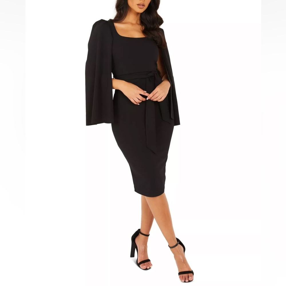 QUIZ Womens Black Tie Cape Sleeves Pullover Unlined Sheath Dress - Reemoly